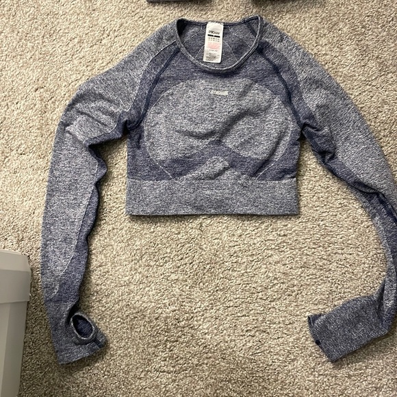 Gymshark Tops - Gymshark Flex Sports Long Sleeve Crop Top - Navy Marl/Light Grey